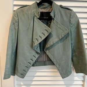 Yigal Azrouel turquoise moto 3/4 sleeve leather jacket